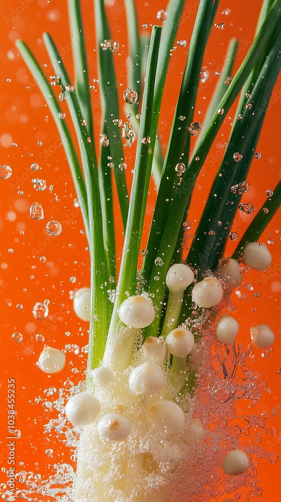 Aufkleber fresh green spring onions elegantly floating midair surrounded by a burst of vibrant orange backgrou