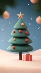 Naklejka premium Colorful Christmas tree with ornaments and a gift box on a wintery background.
