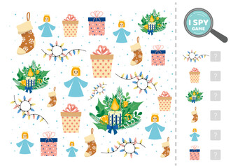 Christmas gifts and angel in I spy game for kids. Search and count how many. Math game. Vector