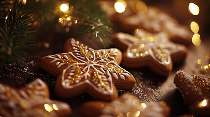 Delicious Christmas cookies decorated with icing and sparkling sugar on a festive table