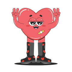 Groovy hearts sticker. Cartoon character in boots. Love concept. Happy Valentines day. Isolated vector illustration.