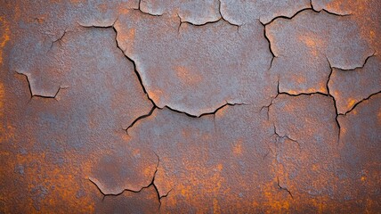 Obraz premium Cracked dry metal plate with oxidized surface, detailed close-up of industrial decay, high contrast lighting