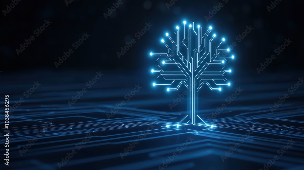 Poster digital tree design with glowing circuits on dark background.