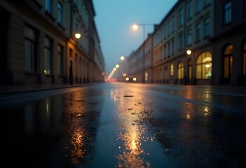 Obraz premium a wet pavement after rain, displaying a shiny sheen with reflections of streetlights and buildings above, creating a moody urban atmosphere create with ai