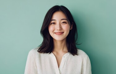 Fototapeta premium A young woman with a gentle smile poses confidently in front of a soft green background. The image highlights simplicity, elegance, and natural beauty.