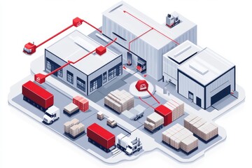 Obraz premium Vector of logistics supply chain with arrows connecting factories, warehouses, and stores