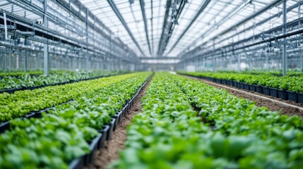 A sprawling agricultural greenhouse filled with rows of hydroponic crops and automated watering systems, Agricultural greenhouse scene, Modern and sustainable style