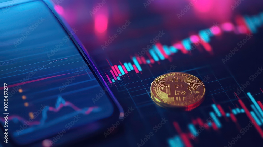 Poster a gold bitcoin coin lays on a graph printed on a black surface, with a smartphone displaying a simil