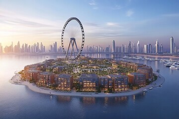 Obraz premium The Ferris Wheel on Ain Dubai and Bluewater's Island. Generative Ai