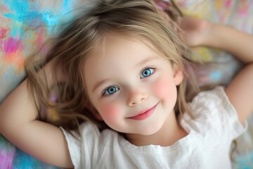 Young kid on a vibrant background, the face illuminated by colorful light reflections. Rainbow-like colors create dreamlike, surreal atmosphere, perfect for creative artistic projects.