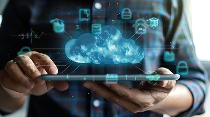 Close-up, hands holding cloud icon, cloud computing concept, data backup for data storage. Internet, networks and digital technologies, shared access to global technologies.