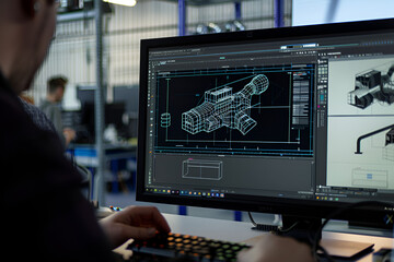 A computer monitor displaying a complex 3D modeling software on a desk in an office environment.