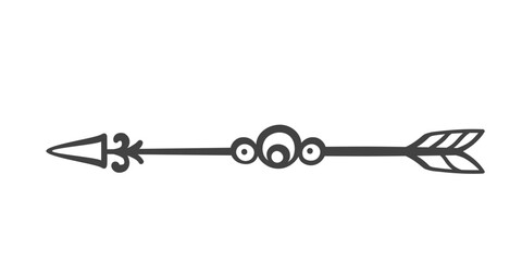 Cupids arrow with curls and round decor line icon. Outline retro ornate divider with flourish, Victorian hand drawn vintage element. Valentines Day mascot, arrow separator icon vector illustration