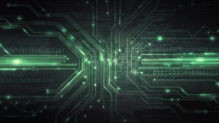 Futuristic digital circuit board with green light effects on dark background.
