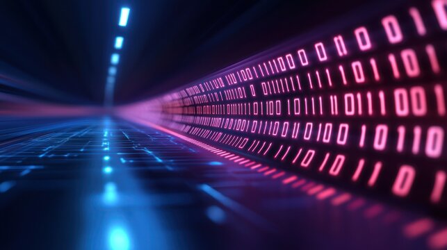 Futuristic binary code flowing through a digital tunnel, vibrant blue and pink lights.