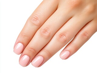 Fototapeta premium Close-up of a manicured hand with soft pink nail polish on a white background.