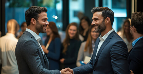 young businesspeople shake hands warmly, sealing a successful business deal during a networking event. The atmosphere is professional.