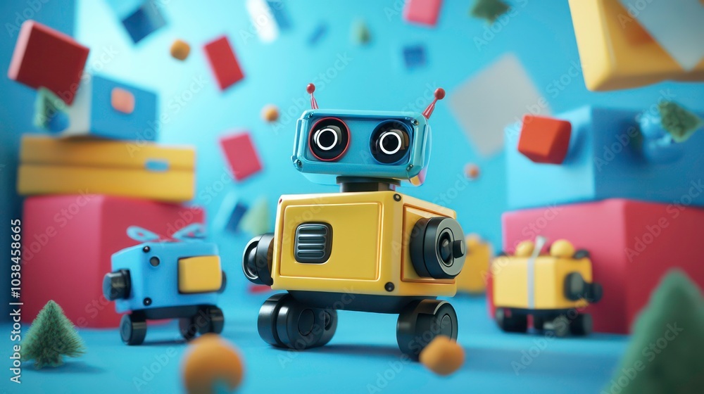 Poster a cute robot toy stands in front of a colorful background with many presents.