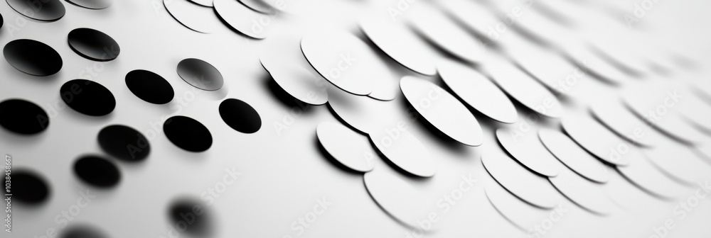 Poster a striking abstract design showcases large and small circles scattered across a diagonal grid, creat