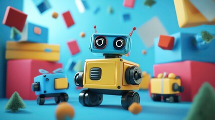 Obraz premium A cute robot toy stands in front of a colorful background with many presents.