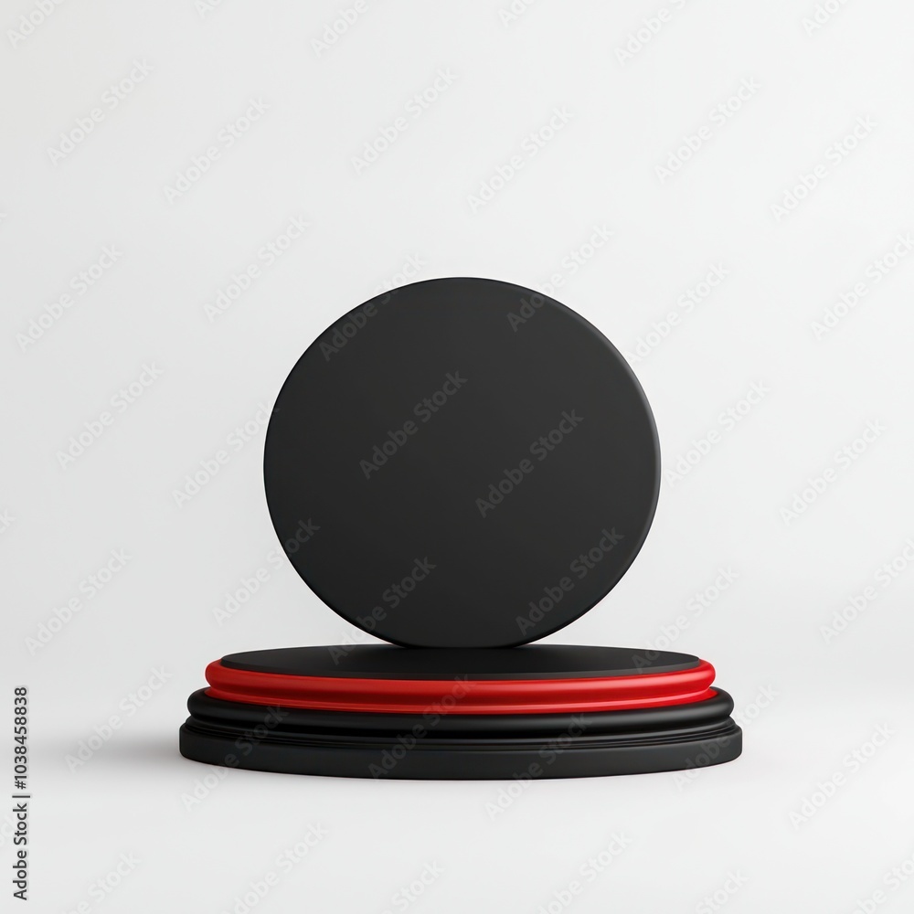 Poster minimalist design featuring layered circular shapes in black and red on a white background.