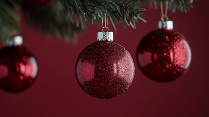 Sparkling red ornaments hanging on a Christmas tree against a festive red background