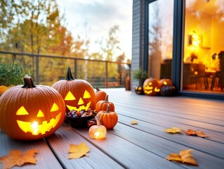 Obraz premium A family preparing their Halloween candy for trick-or-treaters pumpkins glowing on the front porch