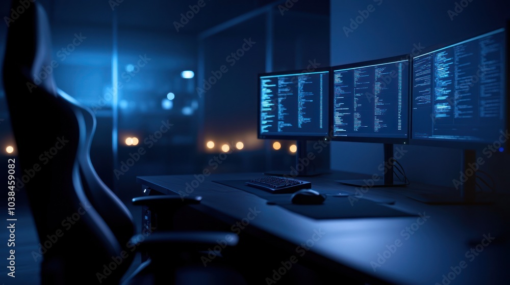 Poster modern workspace with multiple screens, illuminated in a dark environment.