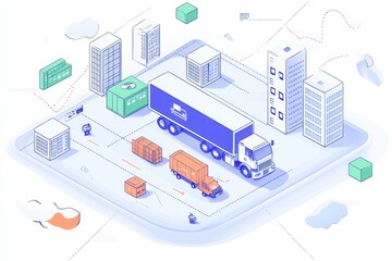 Obraz premium Digital logistics network, with data streams flowing between hubs, warehouses, and delivery trucks