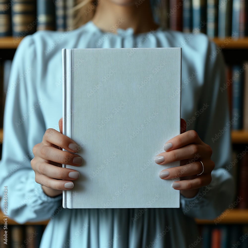 Poster hands presenting book with a pristine white cover standing in front of towering library shelves fill