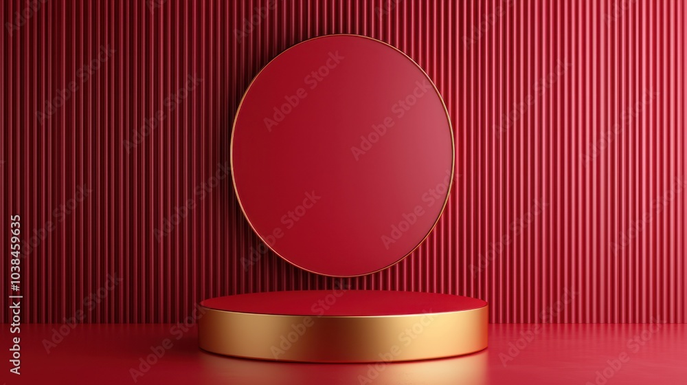 Poster red display podium with round background, minimalistic design, isolated view.