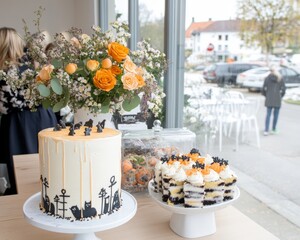A Halloween cake decorating station at a family party kids excitedly adding spooky toppings