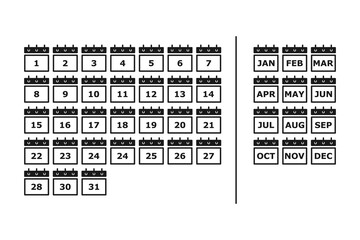 date calendar from 1 to 31 icon. calendar 12 months icon set vector