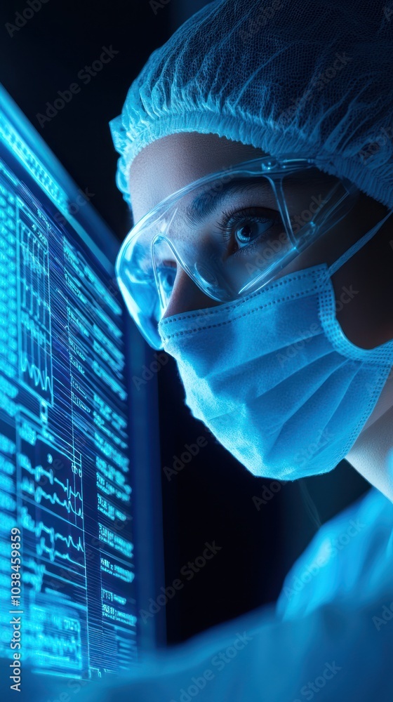 Poster scientist analyzing data on a high-tech screen in a laboratory setting.