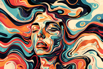  Abstract colorful illustration of a stylized female face with flowing hair and intricate patterns, evoking creativity and imagination.