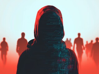 AI analyzing refugee assistance needs, privacy protection overlay, 3D illustration