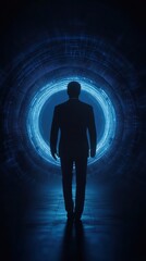 Fototapeta premium Silhouette of a man walking towards a glowing blue portal in a dark environment.