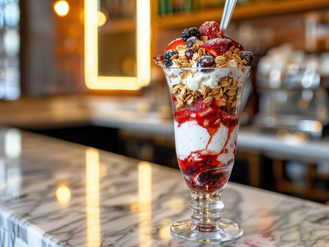 A decadent fruit parfait layered with berries, yogurt, and granola, served in a tall glass with a spoon, set on a marble countertop in a chic cafe