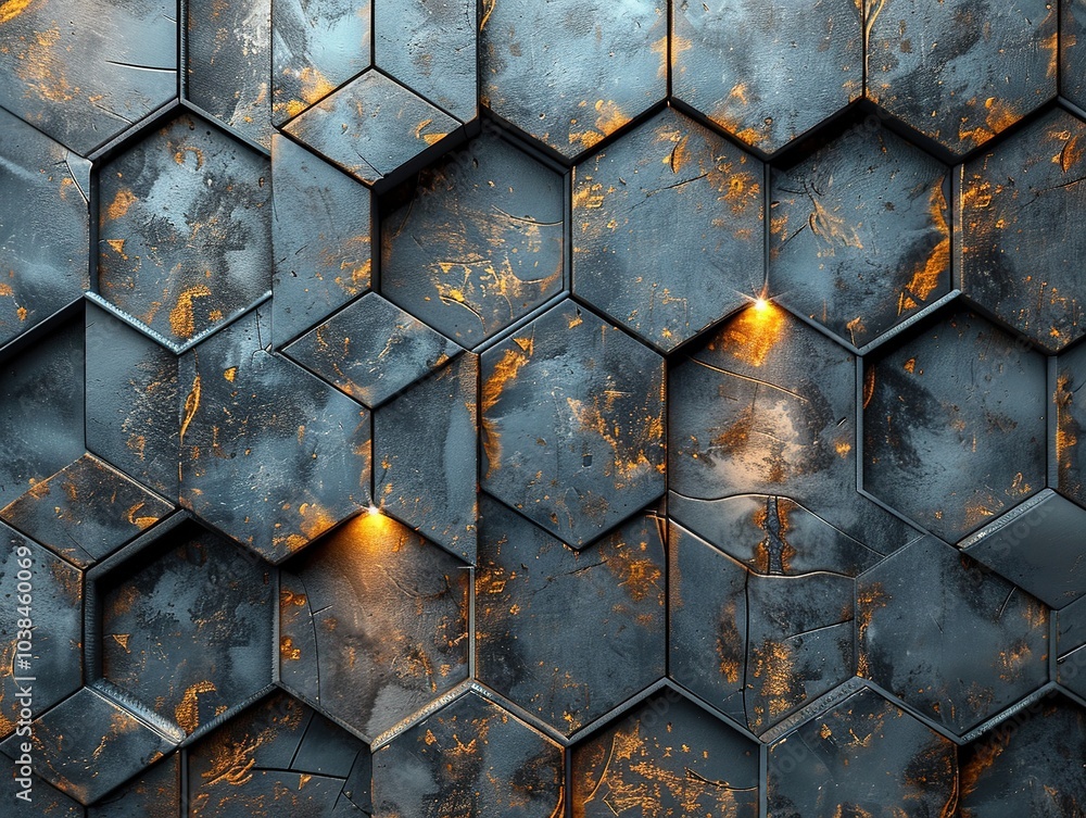Poster a textured hexagonal wall design featuring metallic tones and subtle lighting effects.