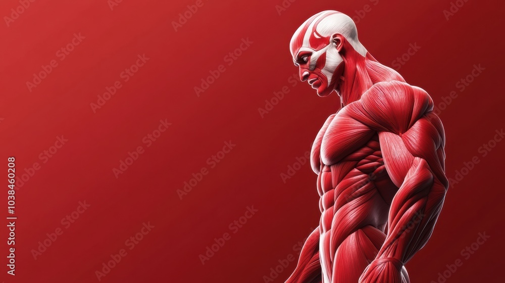 Poster A striking, detailed 3D rendering showcasing muscular anatomy with vivid red and white textures on a vibrant red backdrop. Generative AI