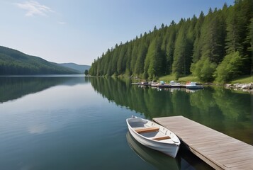 Serene Lake with a Single Boat at Dock