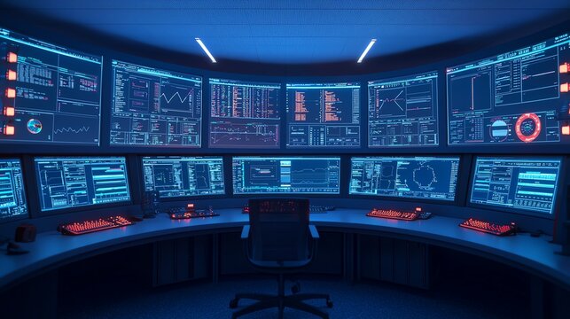 AI security hub in police control room, glowing holographic displays, 3D illustration