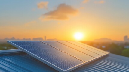 A solar panel is on a roof with a beautiful sunset in the background