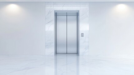 A large, shiny silver elevator with a white wall behind it