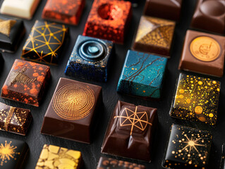 A detailed shot of handcrafted chocolates designed to reflect cultural symbols, with rich colors and artistic flair.