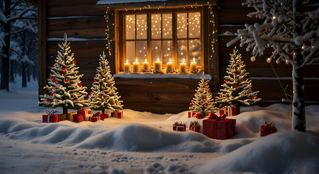 Warm Candlelit Cabin with Snowy Christmas Trees and Gifts on a Peaceful Winter Night