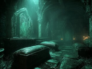 Mysterious crypt with ancient tombs and eerie green lighting.