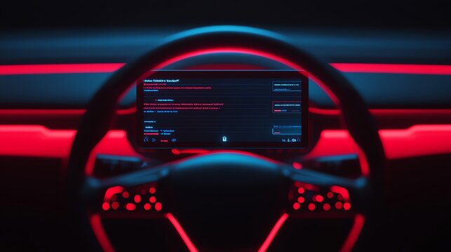 Autonomous car displaying privacy notifications on its dashboard, AI and data usage, vehicle privacy, 3D illustration