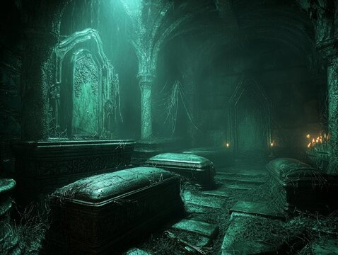 Mysterious crypt with ancient tombs and eerie green lighting.