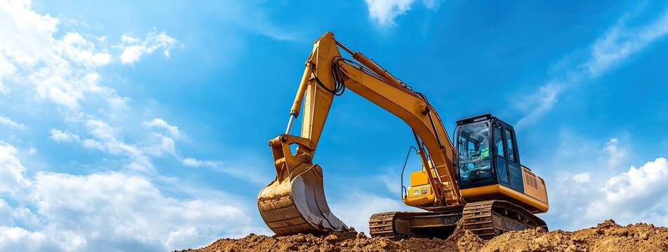 An excavator moves dirt on a construction site beneath a cloudy blue sky